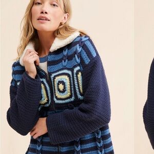 Free People Moon River Crochet Zip Up Cardigan Jacket with Sherpa Collar small